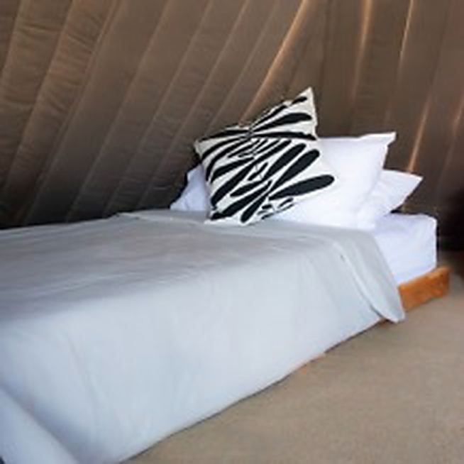 Exterior of a teepee against a mountain backdrop